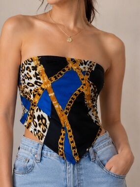 Y2K Chain Print Strapless Tube Top | Blue Leopard Scarf Print